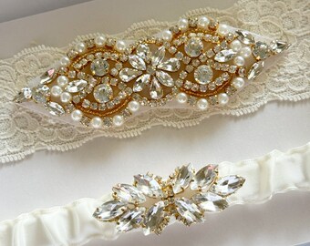 Gold Rhinestone & Pearl Wedding Garter Set, CZ Bridal Garter