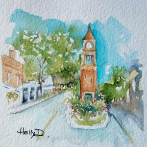 Petite aquarelle du Niagara on the Lake - peinture originale - décoration murale Ontario Canada - paysage canadien de la tour de l'horloge - 6 x 6" pas une impression