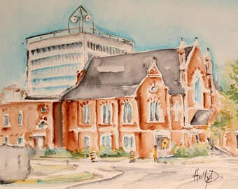 Barrie Ontario Canada Paintings - City of Barrie - Historic Buildings - St Andrew's Church - Barrie Library - Original Watercolour Pictures