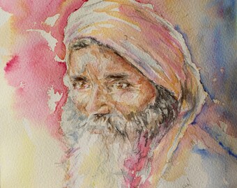 Man with Turban Painting with White Mat - Original Watercolour Picture - India Portraits - India Wall Art - Old Man Portrait - Not a Print