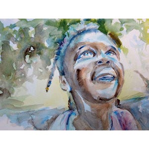 Smiling Child Painting - Original Watercolour Picture - Child with Braids - Black Person Art - African American Art -Black Lives Matter 8x10