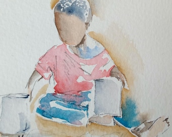 Acuarela original: Niño jugando en la playa, arte negro (15,2 x 15,2 cm)