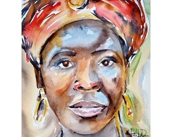 Acuarela original: Mujer africana con pañuelo en la cabeza (20,3 x 25,4 cm)