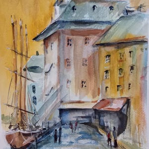 Harbour Painting - Original Watercolour Study - Port of Marseille Picture - Port Town - Boats - Historic Harbour Art 8x10" Not a Print