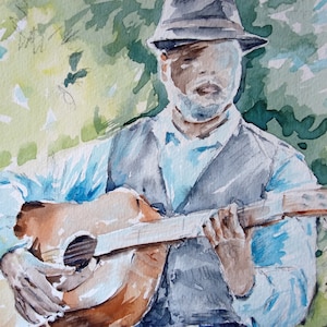 Guitar Player Painting - Original Watercolour - Black Man Picture - Jazz Musician Wall Decor - Black Lives Matter - Southern Life Art -8x10&quot;