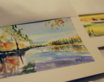 Set of 2 Cards - Original Watercolour Greeting Cards - Quebec Sunset - Landscape - Pine Trees - Dusk Landscape - AlainAudet Inspired