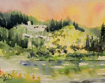 Blank Notecard - Original Watercolour Greeting Card - Quebec Sunset - Landscape - Pine Trees - Seaplane - AlainAudet Inspired - Not a Print