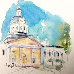 Kingston City Hall Tiny Watercolour - Original Painting - Ontario Canada Wall Decor- Historic Downtown Kingston Art - 6x6&quot; Not a Print