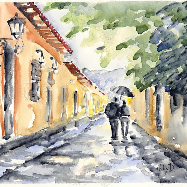 Rainy Day Print - Various Sizes - From Original Watercolour by HollyD - Professional Reproduction - Havana Cuba - Cobblestone Street Art
