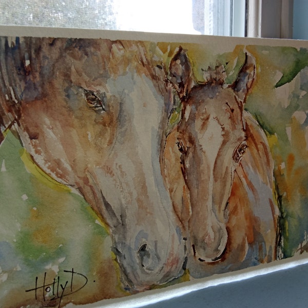 Mare and Foal Painting - Equestrian Art - Horse Pa - Mother Baby Picture - Animal Wall Decor - Original Art - 5x7 Inches- Not a Print