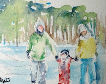 Paisaje invernal original en acuarela: Arte Muskoka - Familia de rayas (11,4 x 14 cm)