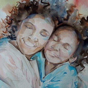 Originele aquarel: moeder en kind omarmen - zwarte kunst 9 x 12&quot;