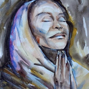 Dipinto di preghiera - Acquerello originale - Arte religiosa - Quadro cristiano - Arte sacra - Donna nera che prega - Arte nera - 8x10"