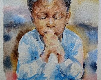 Original Aquarellbild: Betender afroamerikanischer Junge - schwarze Kunst (13x18cm)