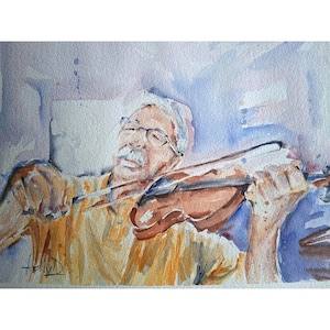 Pintura original em aquarela de violinista: arte de parede de músico 8x10