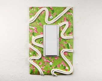 Light Switch Plate Cover, single rocker, handmade, one-of-a-kind, green, pink, floral, ribbon, sculptural, creative, feminine, fun