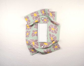 Light Switch Plate Cover, single rocker, handmade, one-of-a-kind, purple flowers, green, yellow, windswept, 3-dimensional, artistic