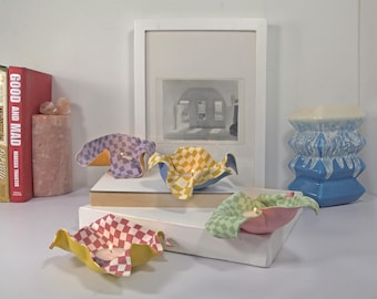 Tealight Holder Set, four, 4, handmade, one-of-a-kind, checkered, checks, pastel, colorful, artistic, creative, windswept, playful