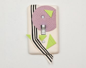 Light Switch Plate Cover, single toggle, handmade, one-of-a-kind, purple, lime green, ribbon, 3-dimensional, playful, cutout shapes