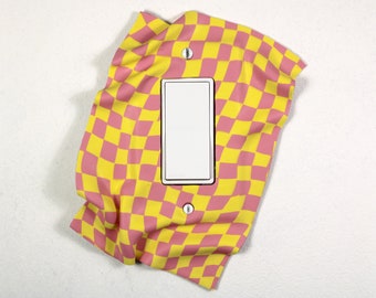 Light Switch Plate Cover, single rocker, handmade, one-of-a-kind, pink, yellow, checks, checkered, 3-dimensional, windswept, bright