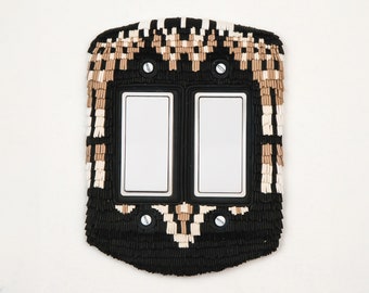 Handmade polymer-clay double-rocker light-switch plate cover in black, tan and white. One of a kind.