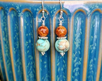 Genuine turquoise, amber colored porcelain and sterling silver earrings, Boho earrings, Southwestern gift for her