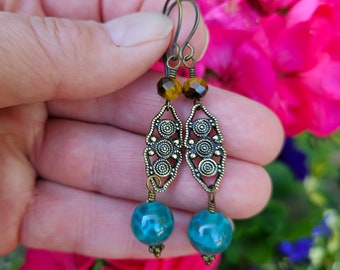 Vintage Peacock Agate earrings, Art Deco jewelry, Artisan earrings,  Boho jewelry, Antique bronze earrings, tigereye earrings
