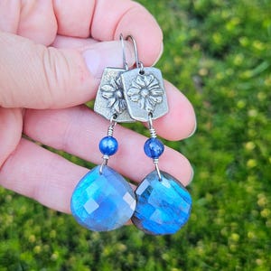 Labradorite earrings, blue flash natural stone dangles, artisan earrings, statement earrings,  pewter flower jewelry,  blue kyanite earrings