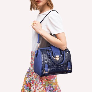 Women Barrel Handbags Purses Fashion Satchel Bags Top Handle Shoulder Bags Vegan Leather Work Bag Blue