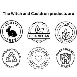 May include: Image featuring six circular product labels. The labels state: "Cruelty Free" with a rabbit, "100% Vegan" with leaves, "Eco Friendly" with leaves, "100% Recyclable Packaging" with recycling symbol, "100% Handmade with Love" with a heart, and "Sustainably Made" with hands holding the Earth.