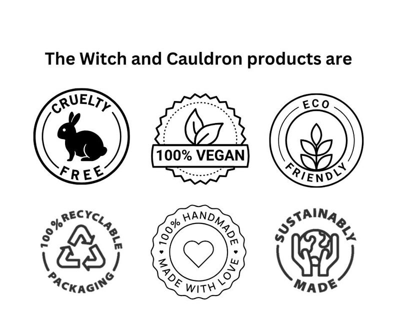May include: Image featuring six circular product labels. The labels state: "Cruelty Free" with a rabbit, "100% Vegan" with leaves, "Eco Friendly" with leaves, "100% Recyclable Packaging" with recycling symbol, "100% Handmade with Love" with a heart, and "Sustainably Made" with hands holding the Earth.