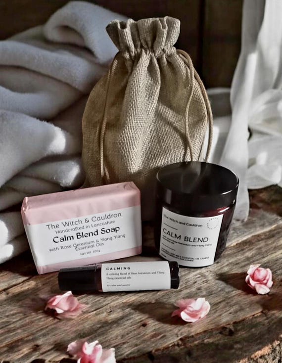 Calm Blend Gift Bag, Aromatherapy Handcrafted Candle, Soap and Pulse Point Roller