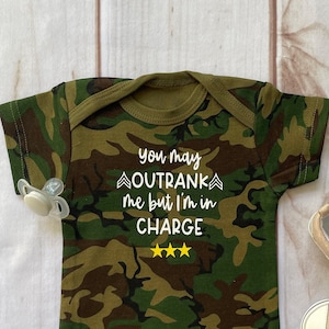 You May Outrank Me But I'm In Charge Funny Military Baby Bodysuit for Army, Navy, Marines, Air Force, Coast Guard - Infant military clothes