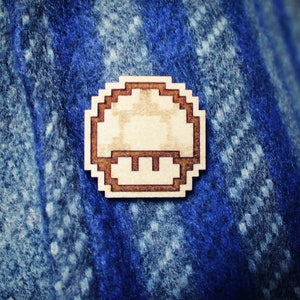 Super Mushroom Super Mario Wood Pin | Super Mushroom Wood Badge | Super Mario Pins | Super Mario Gifts | Gamer Gifts | Nintendo Gifts