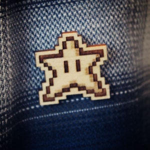 Super Star Super Mario Wood Pin | Super Star Wood Badge | Super Mario Pins | Super Mario Gifts | Gamer Gifts | Nintendo Gifts