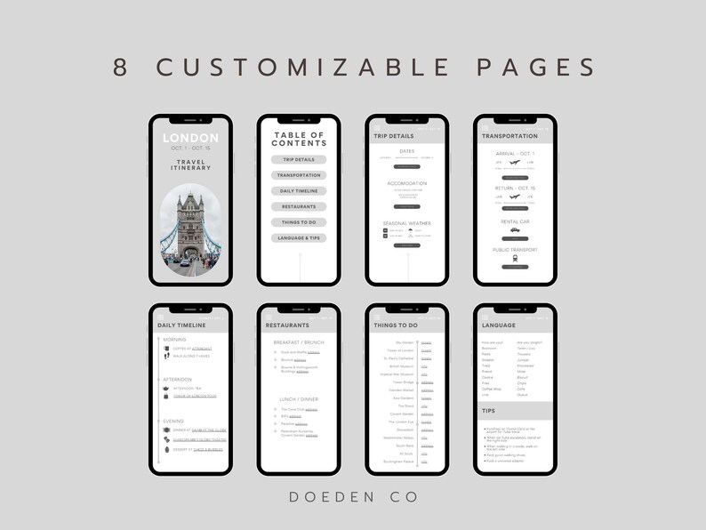 May include: A digital planner template for a London trip with 8 customizable pages. The pages include a table of contents, trip details, transportation, daily timeline, restaurants, things to do, language, and tips. The cover page features a photo of Tower Bridge.