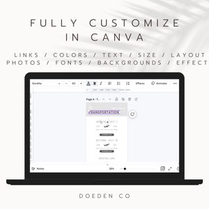 May include: A screenshot of a laptop screen showing a Canva design template for a transportation planner. The template is titled "Transportation" and includes sections for "Air", "Return Oct", and "Rental Car". The template is customizable with links, colors, text, size, layout, photos, fonts, backgrounds, and effects.