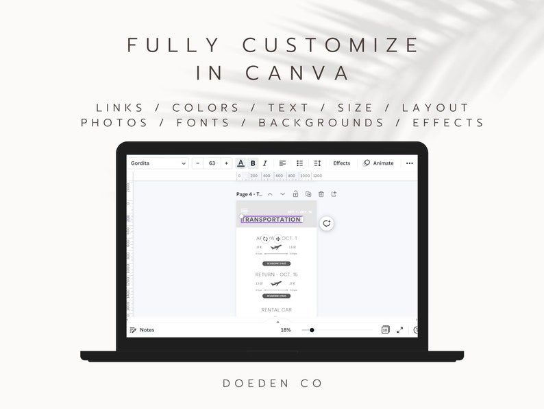 May include: A screenshot of a laptop screen showing a Canva design template for a transportation planner. The template is titled "Transportation" and includes sections for "Air", "Return Oct", and "Rental Car". The template is customizable with links, colors, text, size, layout, photos, fonts, backgrounds, and effects.