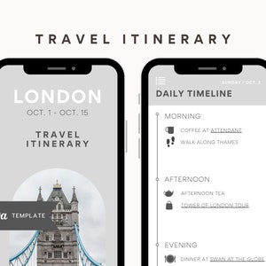 May include: A mobile phone screen displaying a travel itinerary for London, England. The itinerary includes a daily timeline with activities such as coffee at an attendant, a walk along the Thames, afternoon tea, a Tower of London tour, and dinner at Swan at the Globe. The phone screen also shows a photo of Tower Bridge.