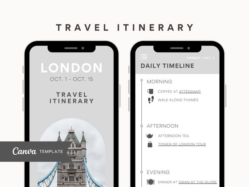 May include: A mobile phone screen displaying a travel itinerary for London, England. The itinerary includes a daily timeline with activities such as coffee at an attendant, a walk along the Thames, afternoon tea, a Tower of London tour, and dinner at Swan at the Globe. The phone screen also shows a photo of Tower Bridge.