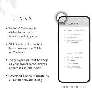 May include: A mobile phone screen displaying a list of restaurants with their addresses. The screen is labeled "Restaurants" and includes categories for breakfast/brunch and lunch/dinner. The text "DOEDEN CO" is at the bottom of the screen.