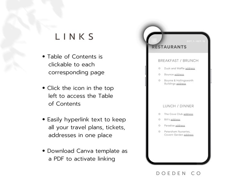 May include: A mobile phone screen displaying a list of restaurants with their addresses. The screen is labeled "Restaurants" and includes categories for breakfast/brunch and lunch/dinner. The text "DOEDEN CO" is at the bottom of the screen.