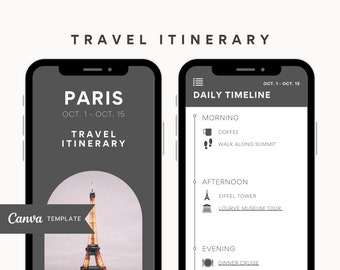 Travel Itinerary Mobile Template Minimal Neutral, Editable Canva Template, Digital Download Travel Planner, Paris France Travel Guide