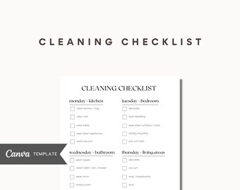 May include: A printable cleaning checklist with a black and white design. The checklist is divided into four sections: Monday - Kitchen, Tuesday - Bedroom, Wednesday - Bathroom, and Thursday - Living Areas. Each section has a list of cleaning tasks with checkboxes.