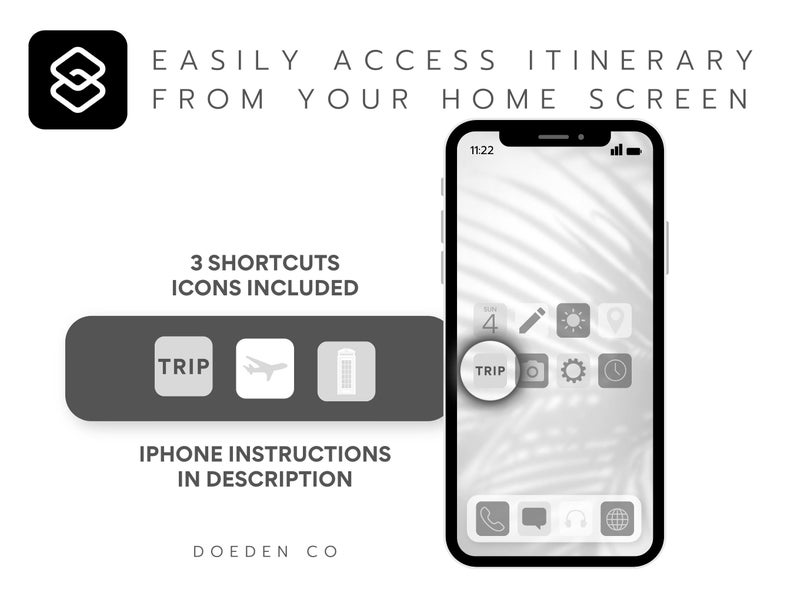 May include: A black and white image of a smartphone with a white background. The phone screen displays a home screen with a gray app icon that says "TRIP". The phone is on a white background. The text "EASILY ACCESS ITINERARY FROM YOUR HOME SCREEN" is at the top of the image. The text "3 SHORTCUTS ICONS INCLUDED" is in the middle of the image. The text "IPHONE INSTRUCTIONS IN DESCRIPTION" is at the bottom of the image. The text "DOEDEN CO" is at the bottom of the image.