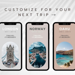 May include: Three phone screens with travel itineraries for London, Norway, and Oahu. Each screen has a photo of a popular landmark in the city, with the city name and dates of travel at the top. The text "TRAVEL ITINERARY" is below the dates.