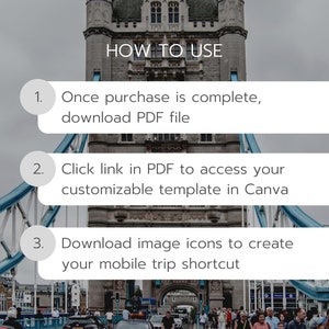 May include: A graphic with three steps on how to use a digital product. The steps are: 1. Once purchase is complete, download PDF file. 2. Click link in PDF to access your customizable template in Canva. 3. Download image icons to create your mobile trip shortcut. The graphic is set against a background of Tower Bridge in London.