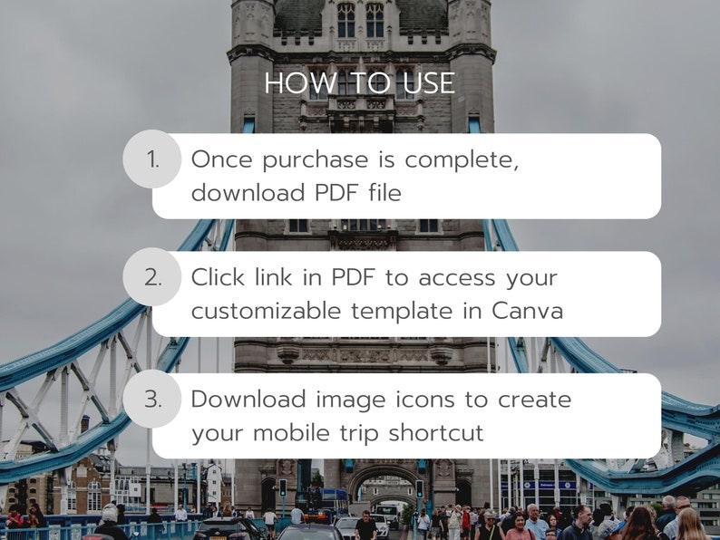 May include: A graphic with three steps on how to use a digital product. The steps are: 1. Once purchase is complete, download PDF file. 2. Click link in PDF to access your customizable template in Canva. 3. Download image icons to create your mobile trip shortcut. The graphic is set against a background of Tower Bridge in London.