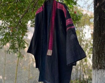 Handmade Vintage-style Chinese Yao Tribe Long Sleeve Coat with Heavy Embroidery and Unique Cut