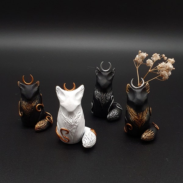 Fox figurine, moon, figurine, small flower vase, cute figurine, little thing